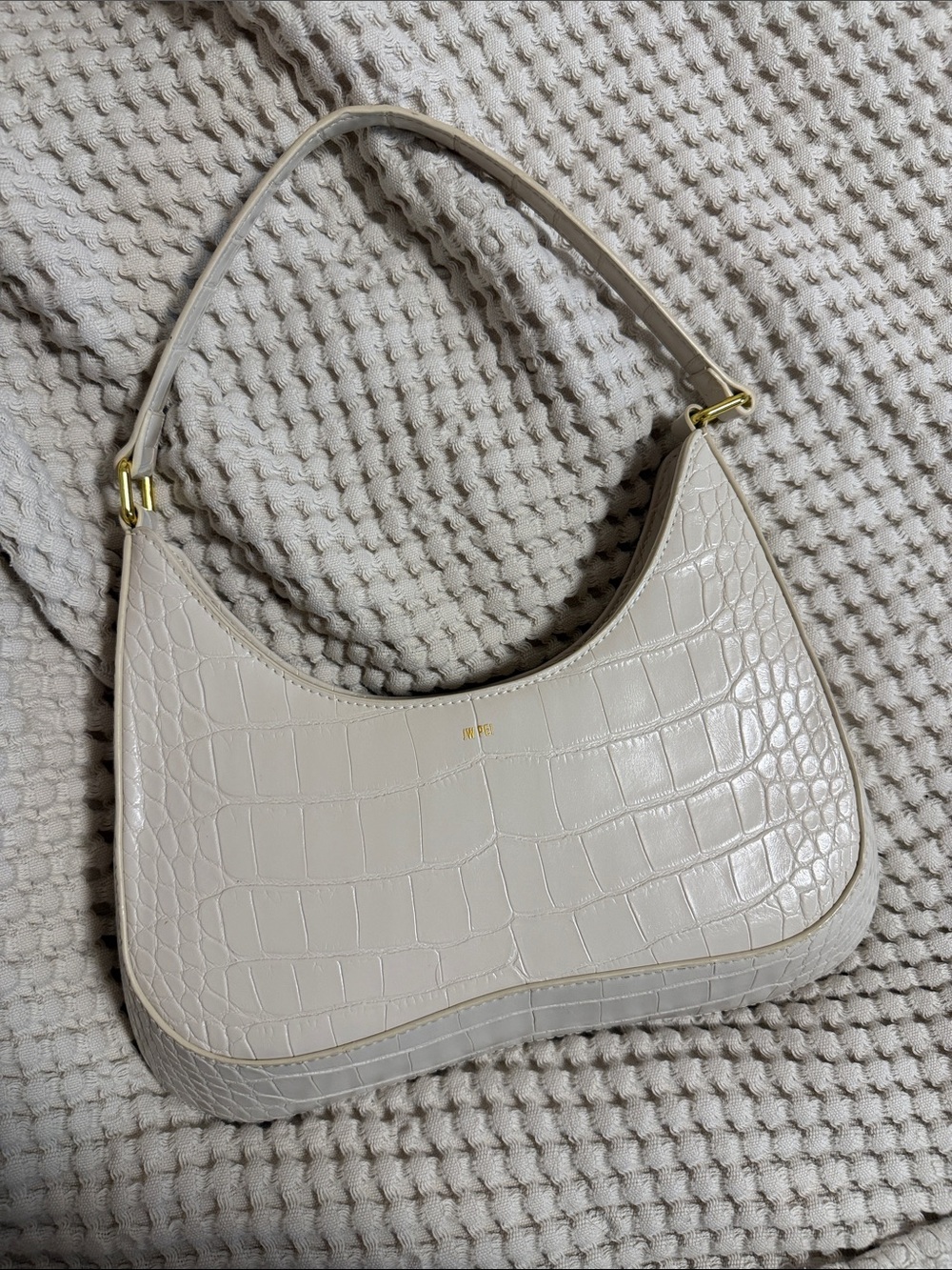 JW PEI Cream Croc-Embossed Shoulder Bag with Gold Hardware